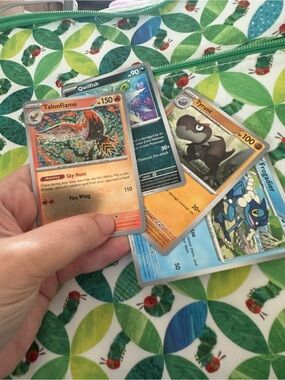 Pokemon Card Lot with Orange Talonflame, Blue Qwilfish & Green Frogadier